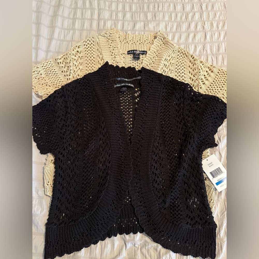 Two Crochet Open Front Cardigans Short Sleeve Black one has tags.